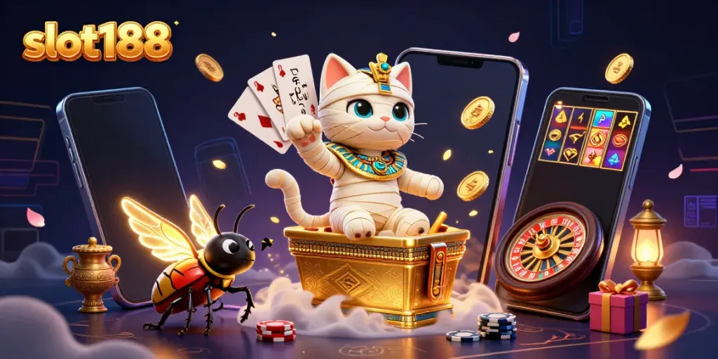 Permainan slot188 yang menarik dalam ilustrasi kasino piramida 3D dengan mumi dan kalung scarab.