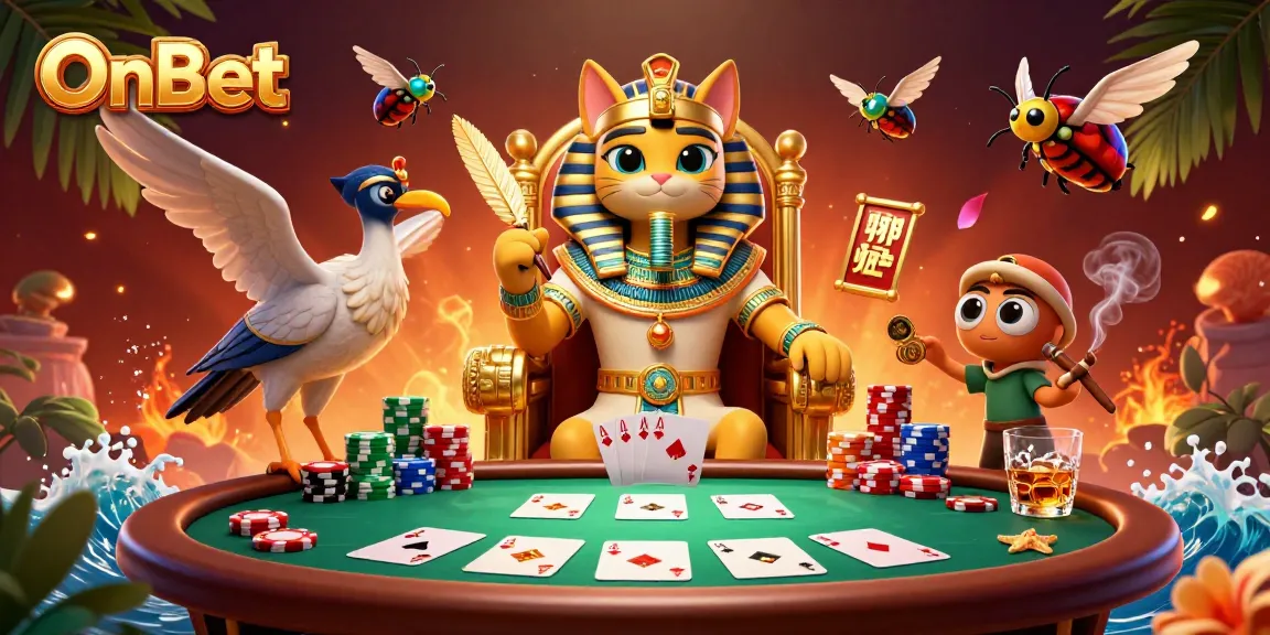 Experience exciting poker action with OnBet's vibrant 3D illustration of a pharaoh cat in a casino setting.