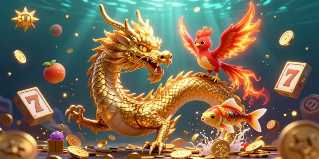 Engage with sun-themed jackpot excitement featuring a dragon, phoenix, and lucky koi fish.