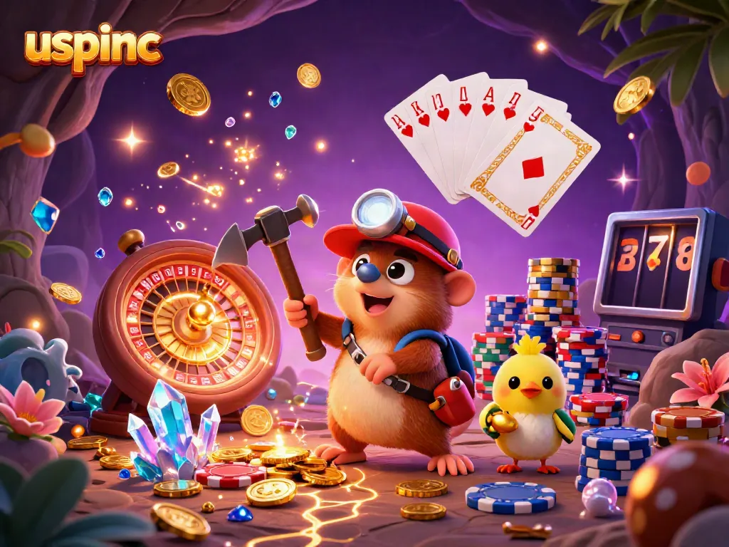 Experience lightning-fast gaming with uspinc, featuring dynamic treasure hunter scenes and gaming elements.