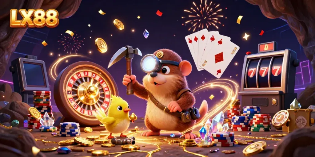 Experience dynamic wins with LX88 in this vibrant casino scene filled with treasures and gaming elements.