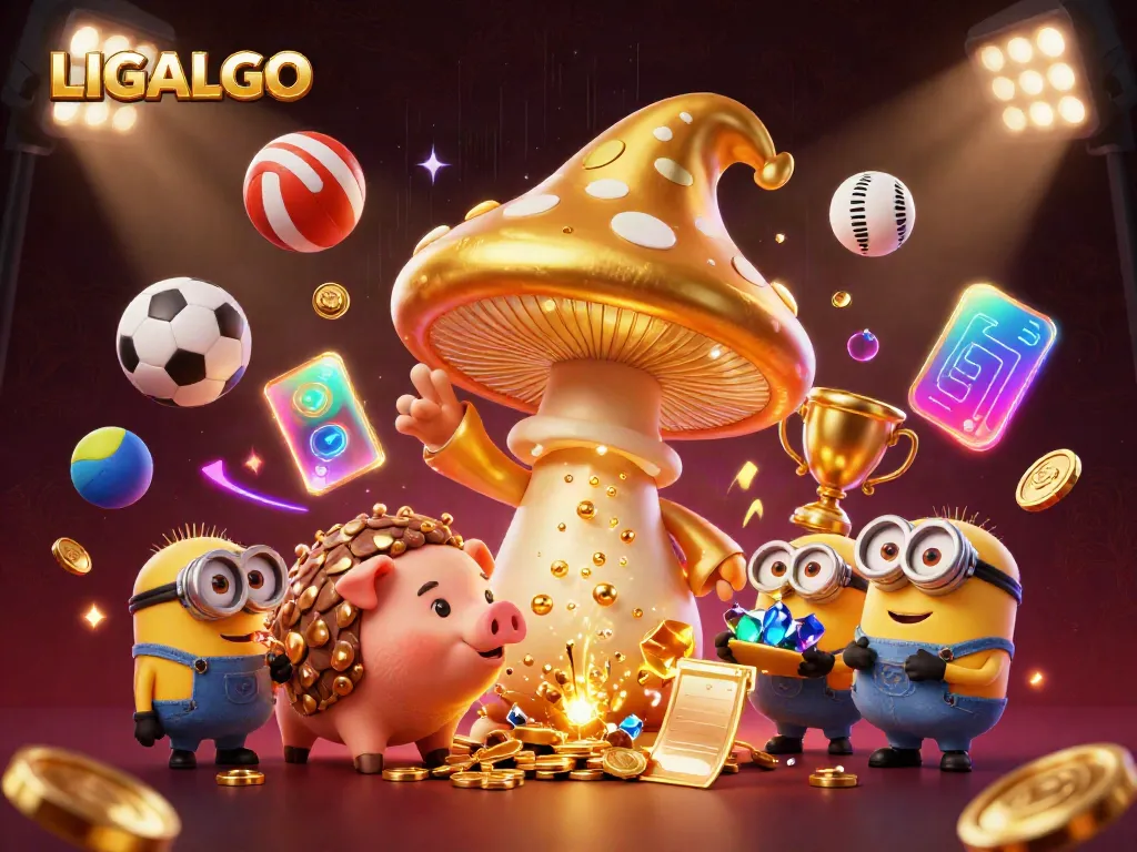 LIGALGO's golden wizard and pig discovering hidden treasures amidst thrilling sports betting moments.