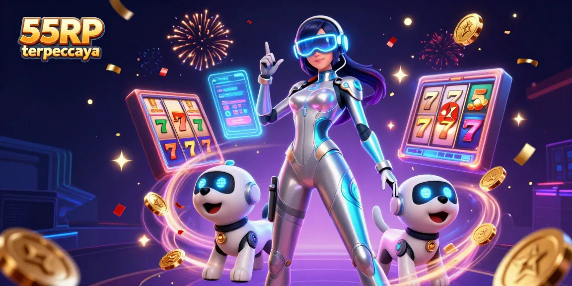 Engage with 55RP terpercaya's thrilling casino experience, featuring vibrant slot elements and a futuristic atmosphere.