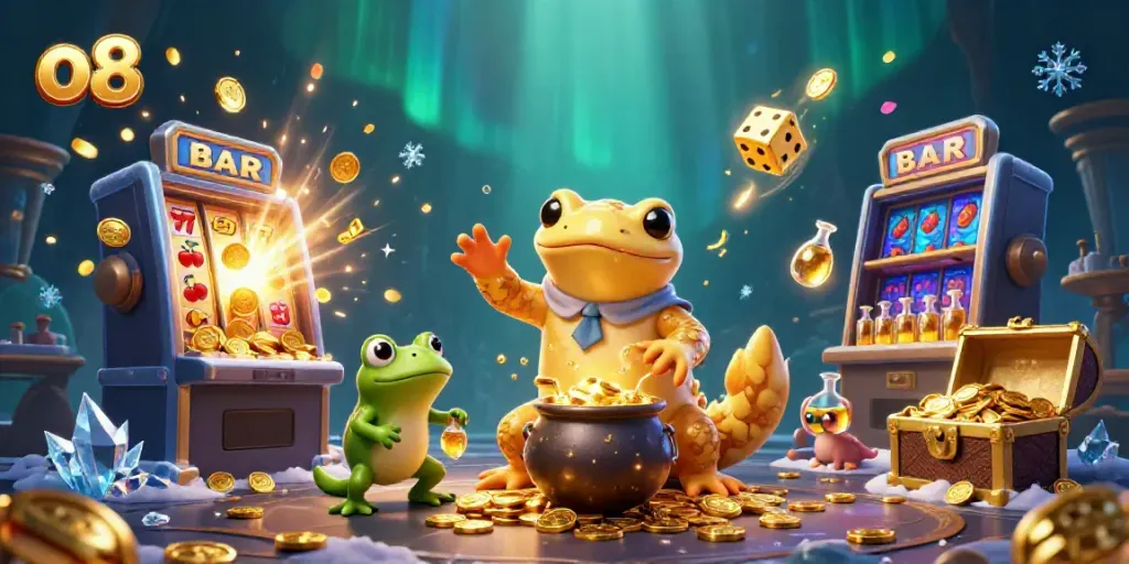Experience the excitement of o8 casino with magical creatures turning base metals into gold coins amidst a vibrant gaming atmosphere.