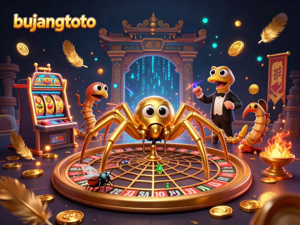 Engage with bujangtoto as a golden spider expertly spins a roulette wheel, showcasing dynamic slot gameplay.