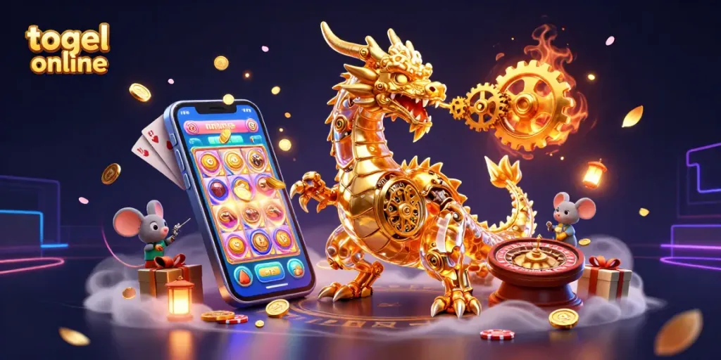 Permainan togel online yang menarik dengan naga emas dan elemen judi menarik lainnya.
