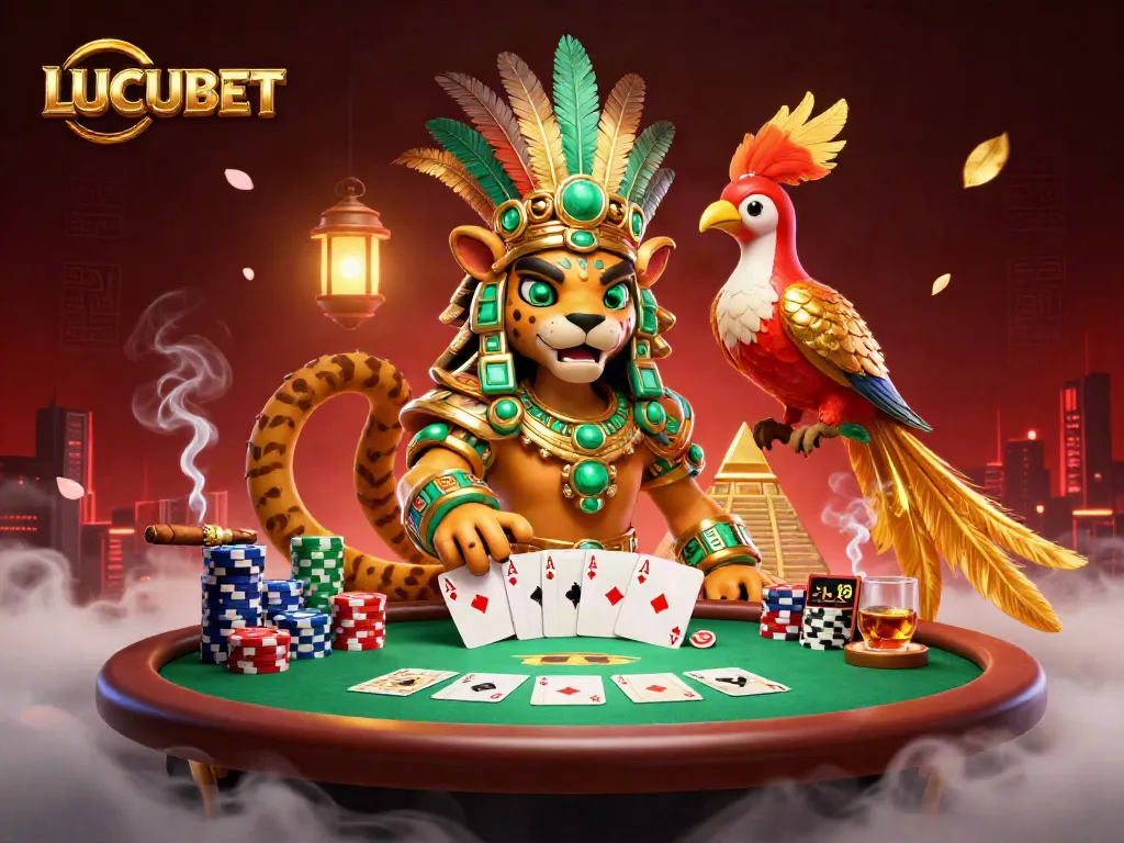 LUCUBET visualizes a vibrant casino scene featuring Mayan themed characters, poker elements and dynamic gaming atmosphere.