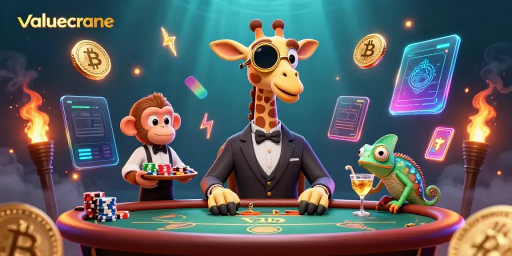 Giraffe berkelas di meja poker VIP, simbol crypto menghiasi latar belakang menjadi fokus taruhan di valuecrane.