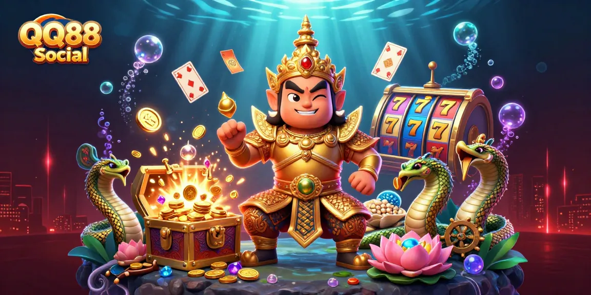 Experience top-tier gaming with QQ88 Social's vibrant casino illustration showcasing slot elements and Thai guardian characters.
