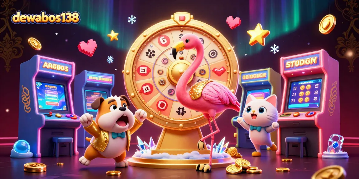Dewabos138 menunjukkan suasana permainan slot yang menggembirakan dengan roda hadiah dan karakter lucu.