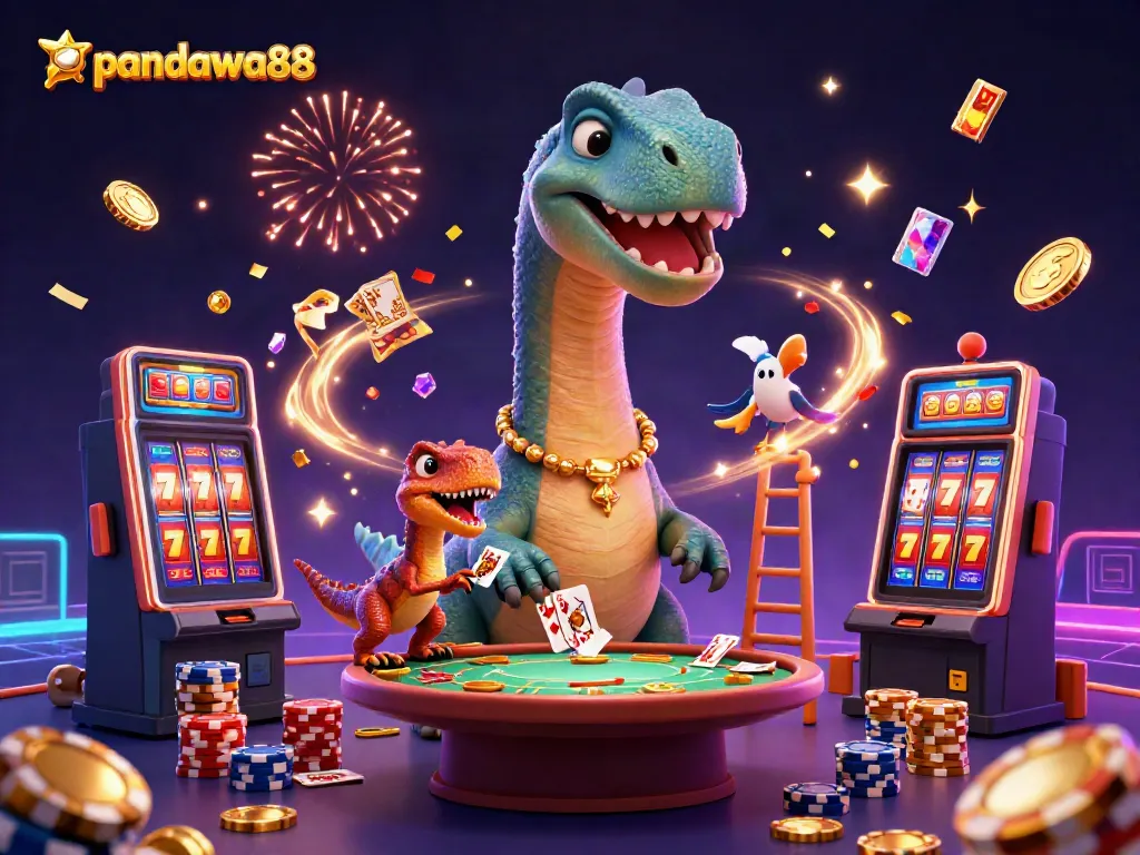 Gambaran pandawa88 dengan brontosaurus dan raptor dalam suasana kasino yang meriah.