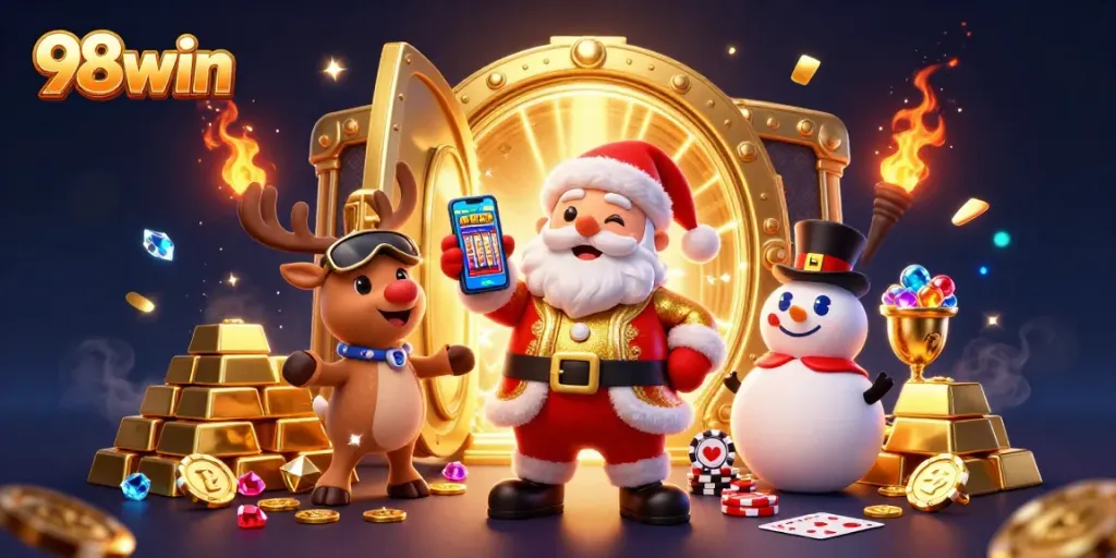 Experience big wins with 98win in this vibrant casino-themed illustration showcasing jackpots.