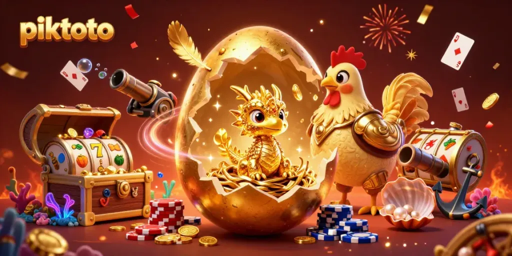 Experience thrilling gameplay with Piktoto as a golden dragon emerges among poker chips in a festive casino scene.