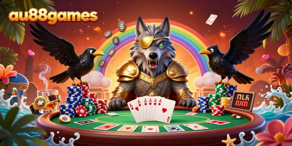 Engage with the thrilling world of au88games featuring Odin and ravens amidst a casino scene.