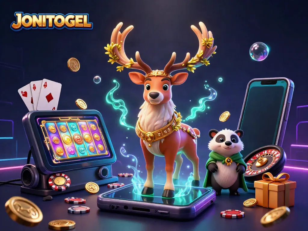 Engage with JONITOGEL's vibrant casino gaming scene featuring dynamic characters and classic gambling elements.