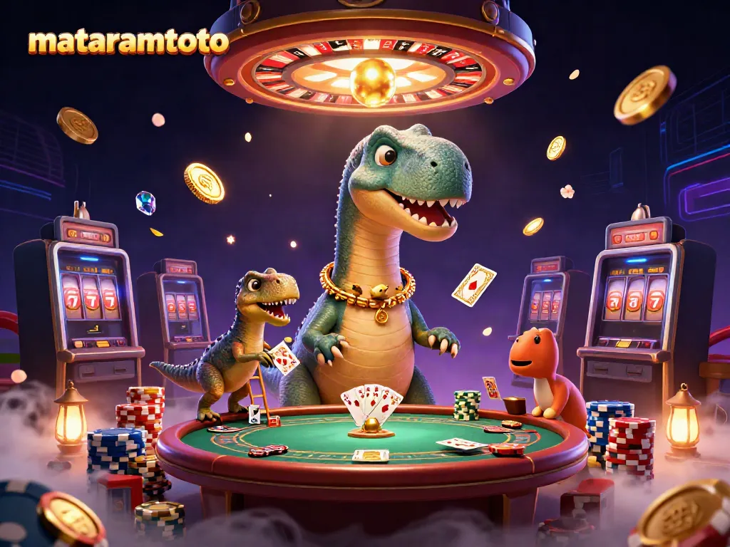 Exciting scene of a brontosaurus and raptor engaging in a casino while celebrating mataramtoto's gameplay.