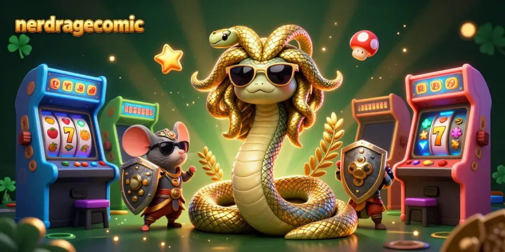 Gambarkan nerdragecomic dengan karakter Medusa dan mouse prajurit di kasino dengan slot dan kekayaan emas.