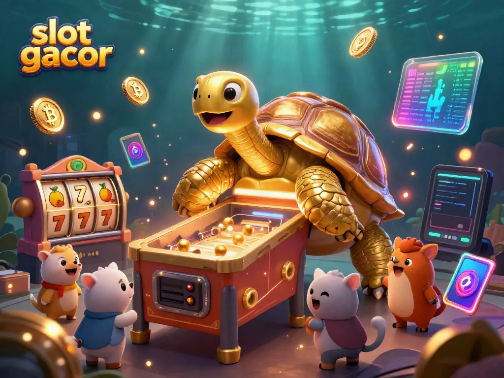 Experience slot gacor action with a golden tortoise pinball machine amidst vibrant casino elements