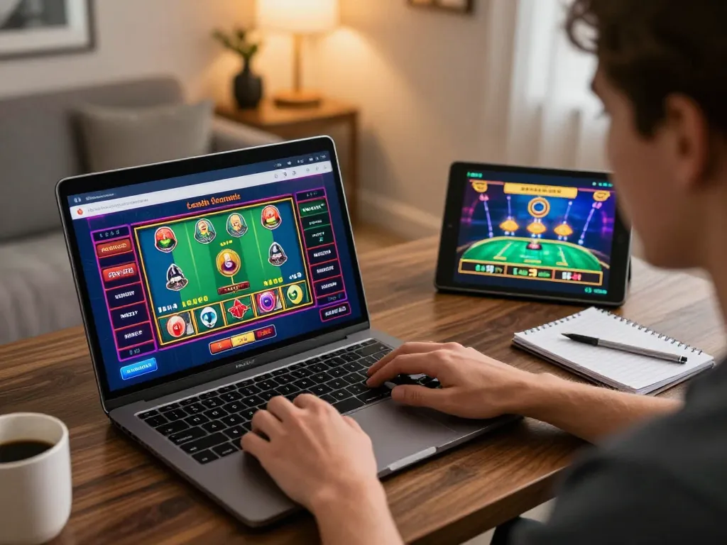 Engaging online gaming session on situs slot with a cozy home setup featuring multiple devices