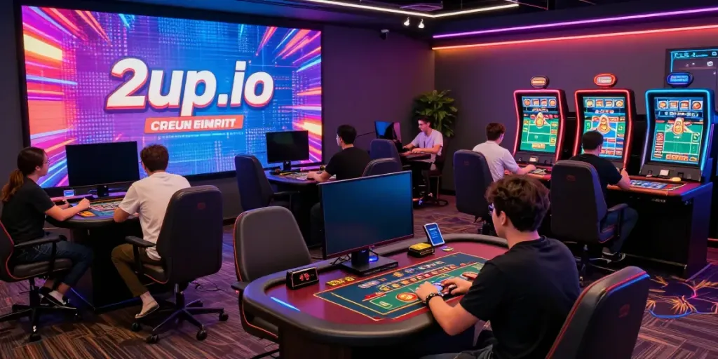 Dynamic gaming scene at 2up.io with players and digital casino elements.