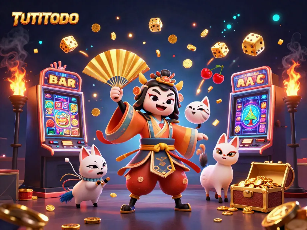 TUTITOTO showcases an engaging scene with kabuki warriors, slot machines, and jackpot explosions, emphasizing excitement in online gambling.