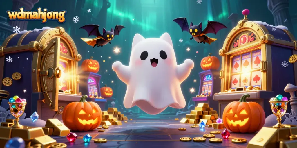 Experience the thrill of wdmahjong with a friendly ghost cat and treasures in a haunted casino