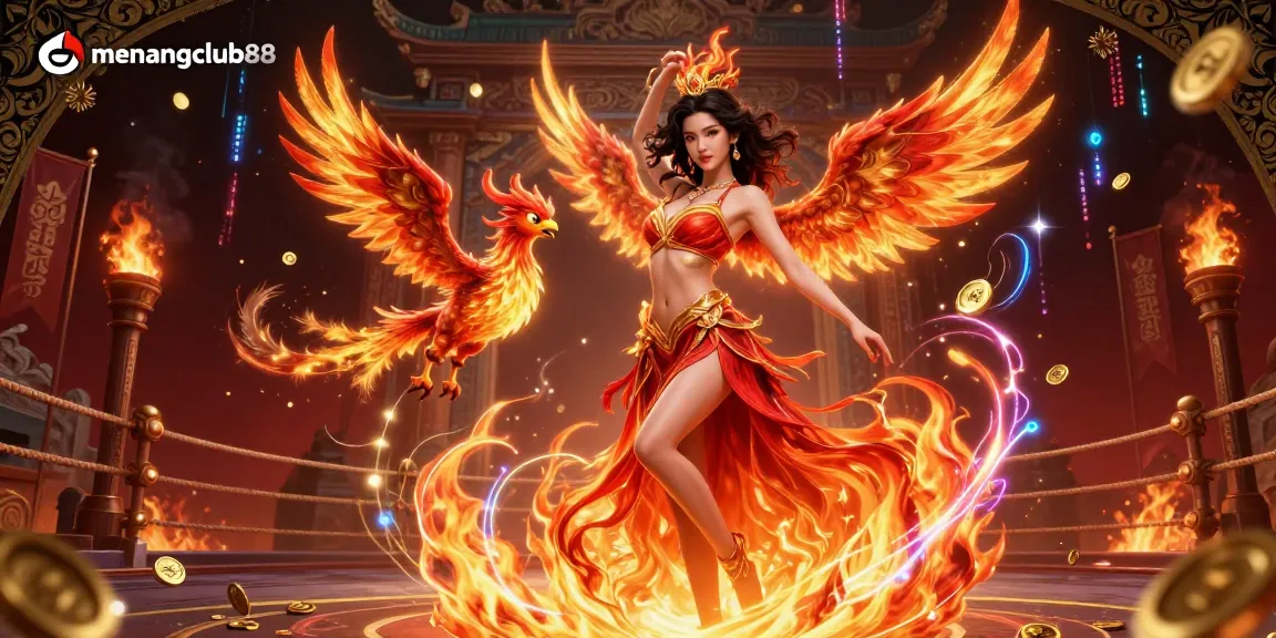 Engage with exhilarating wins at menangclub88, featuring a dynamic scene of casino elements and a stunning character.