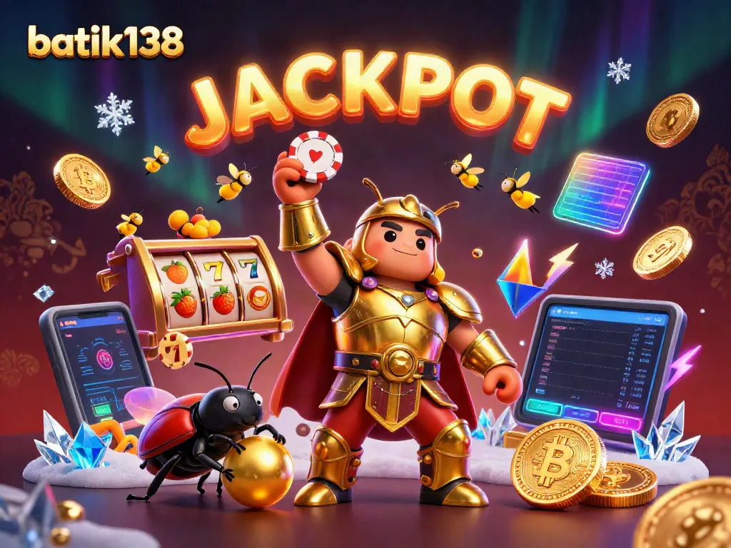 Moin batik138 merayakan kemenangan dengan karakter besi tempur sambil mengangkat chip poker di dunia perjudian yang cerah.