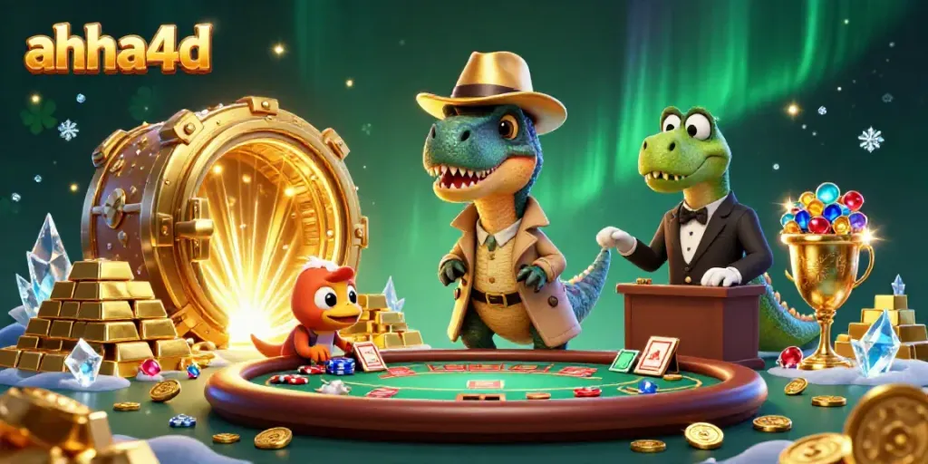 Bermain di meja blackjack di AHHA4D dengan karakter dino dan harta karun yang berkilau.