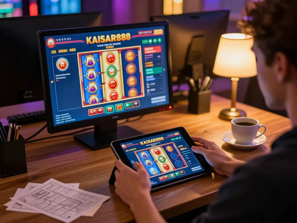 Bermain game online KAISAR888 di tablet dengan gulungan slot berwarna-warni yang ditampilkan.