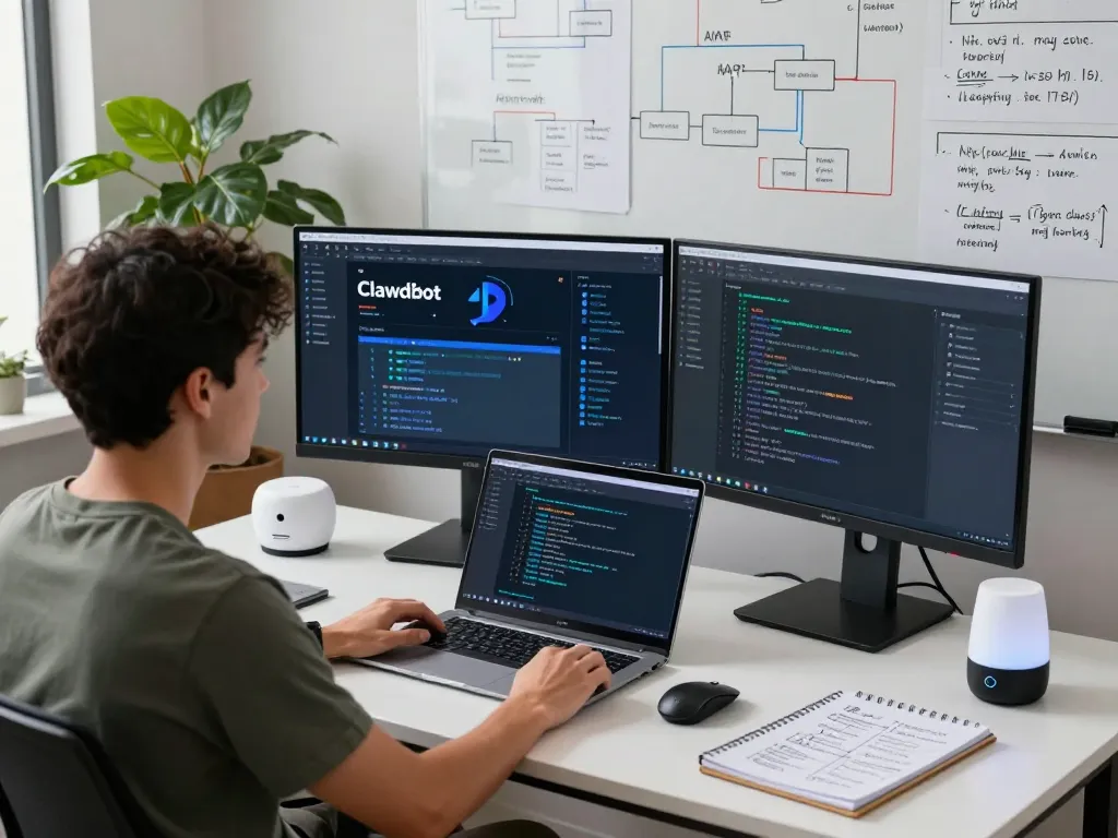 Developer showcasing Clawd Bot personal AI assistant in a modern software workspace