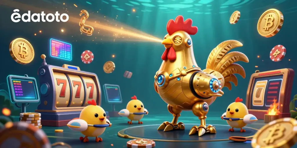 Play and win on edatoto with vibrant 3D casino elements featuring golden rooster robot and baby chick drones.