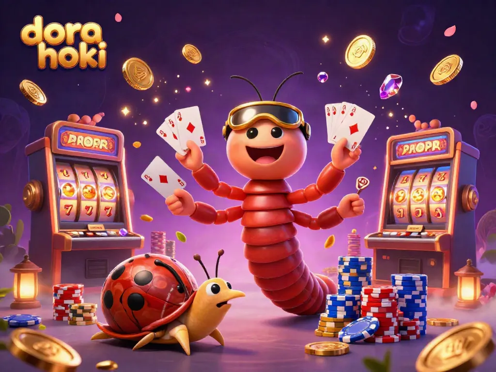 Berinteraksi dengan dora hoki dalam permainan slot yang menyenangkan dengan simbol keberuntungan dan chip besar.