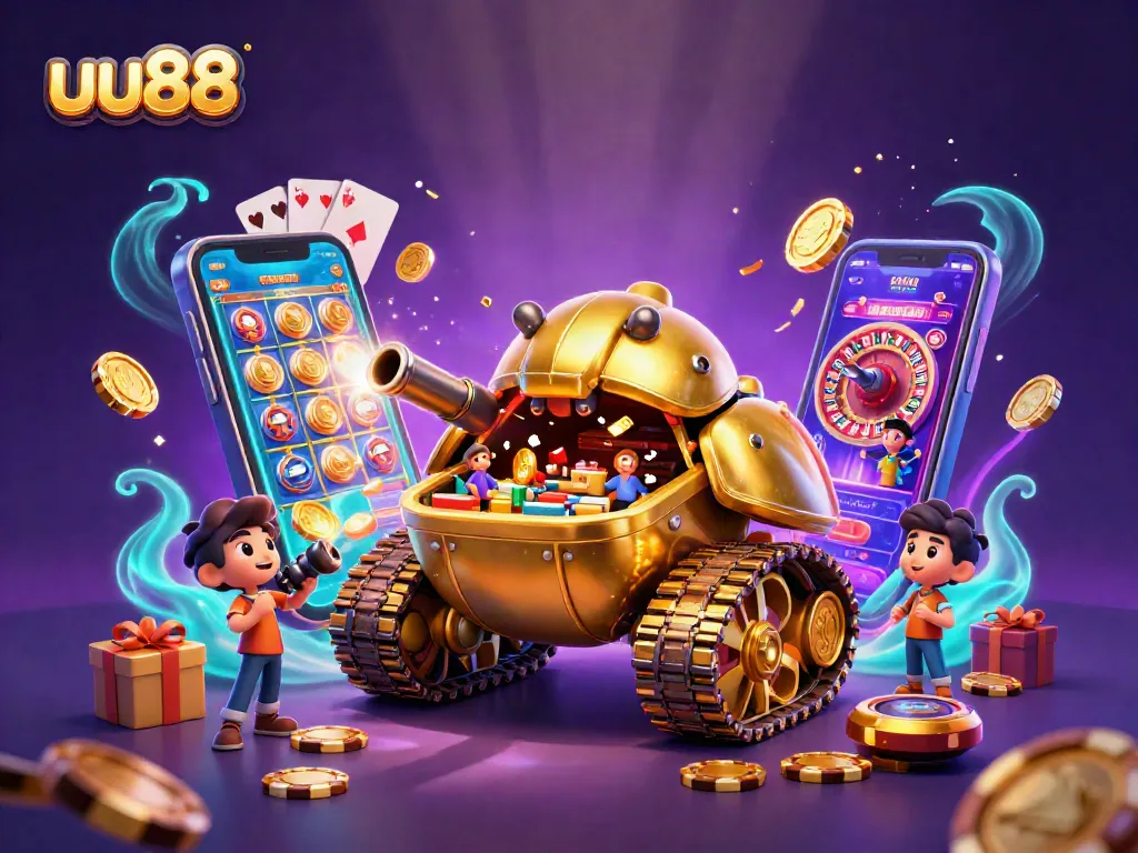 Experience thrilling gameplay with the vibrant uu88 casino scene featuring 3D slot games and golden coins.
