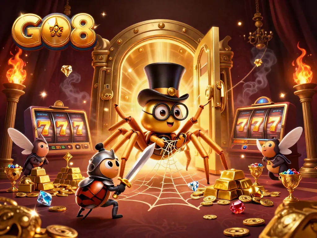 Experience the thrill of GO 8 with vibrant scenes of prize-winning slot machines and golden treasure.