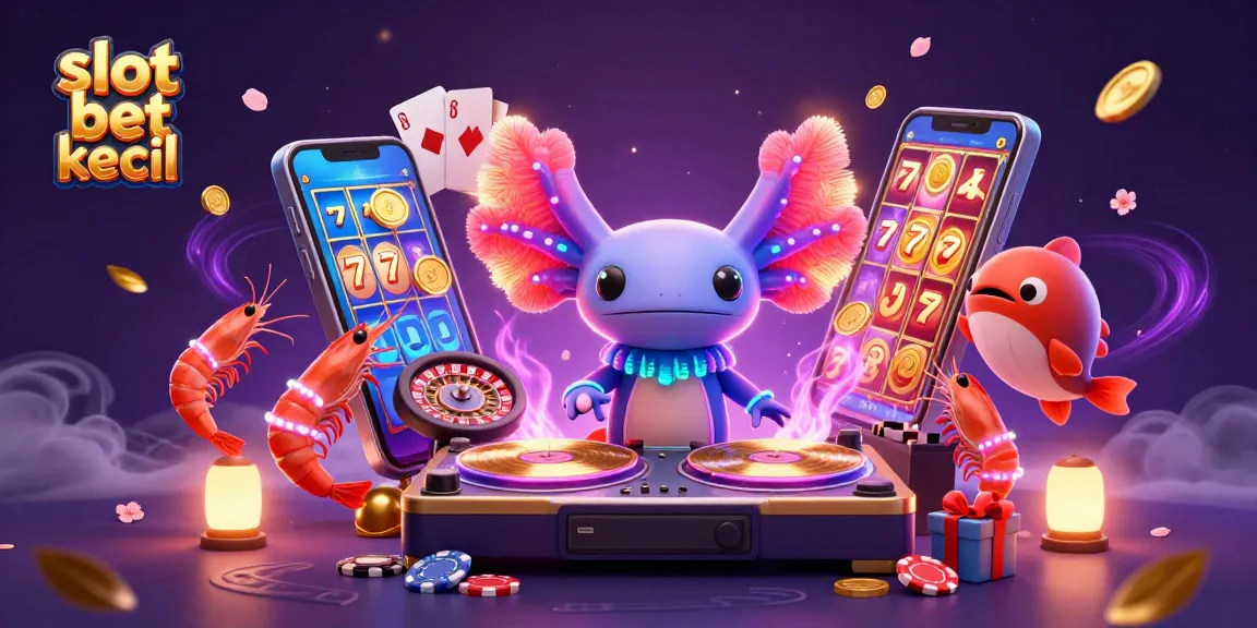 Slot bet kecil dengan karakter 3D ceria dan simbol-simbol permainan kasino yang menarik.
