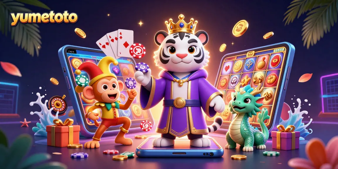 Experience excitement at Yumetoto with vibrant casino elements and energetic characters in a 3D illustration.