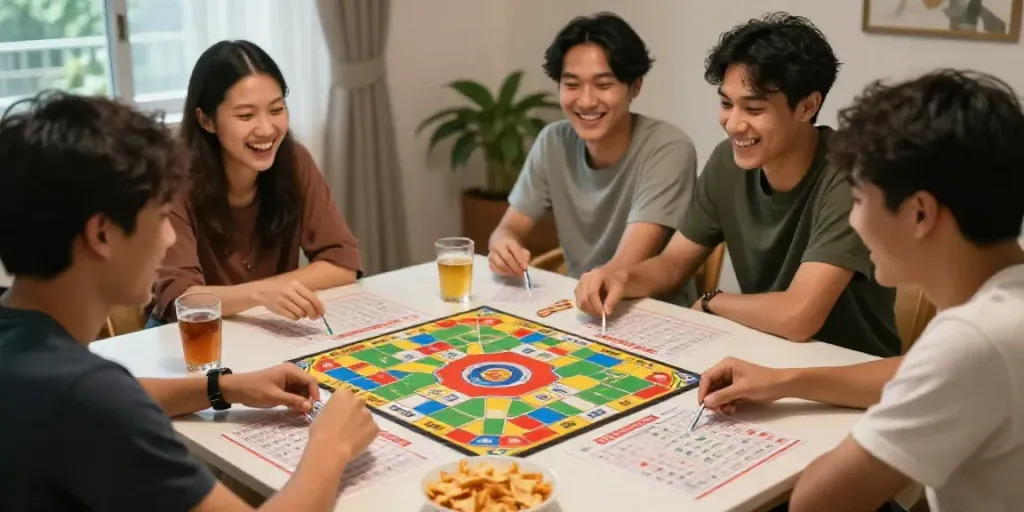 Suasana permainan togel oleh teman-teman di rumah dengan semangat tinggi dan kebersamaan, alexistoto yang menyenangkan.