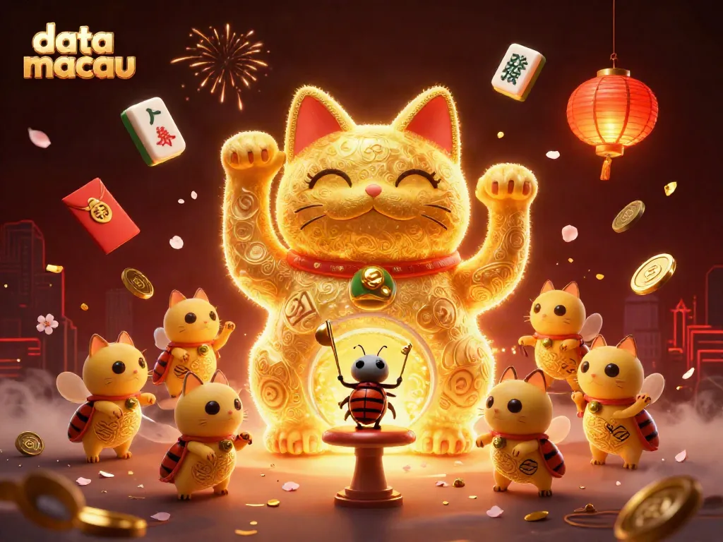 Menggambarkan data macau dengan simbol keberuntungan dalam gambar 3D penuh warna.