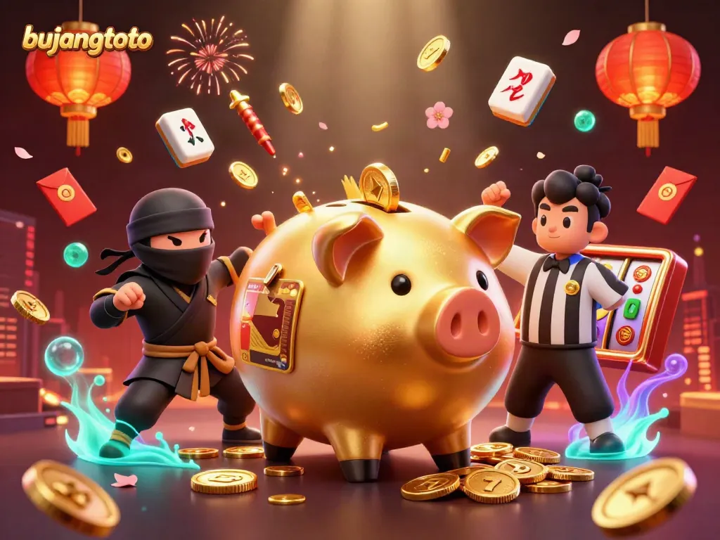 Engaging bujangtoto illustration showcasing vibrant slot theme with lucky elements, including gold coins and characters.