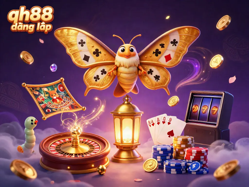 Experience the thrill of qh88 đăng nhập with dynamic casino elements like roulette, playing cards, and vibrant graphics.