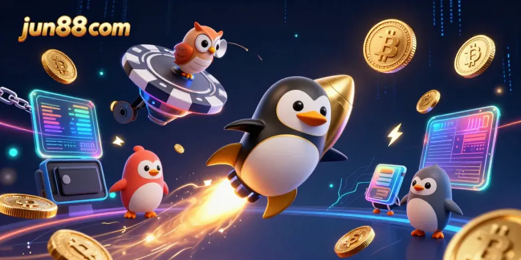 Experience the thrilling adventure of betting at jun88 com as a golden penguin rushes to a casino!