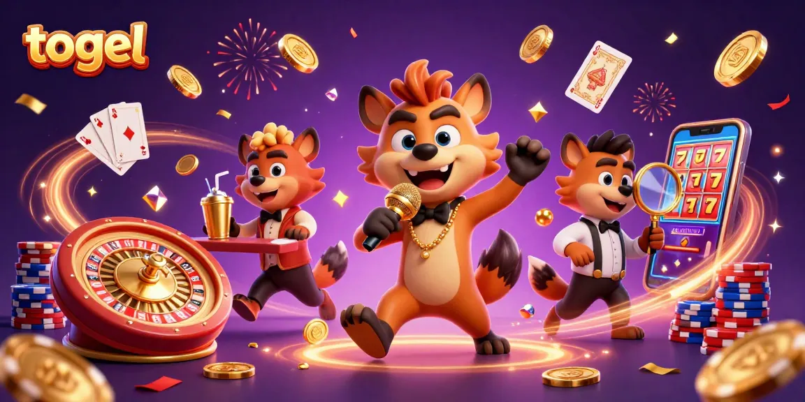 Experience the excitement of togel with hyenas in a dynamic casino scene featuring golden coins, roulette wheels, and vibrant energy.