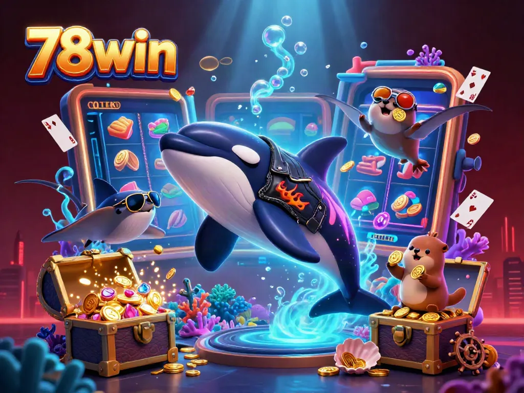 Experience the vibrant excitement of 78win with a cartoon orca and friends in a dynamic casino scene filled with treasures.