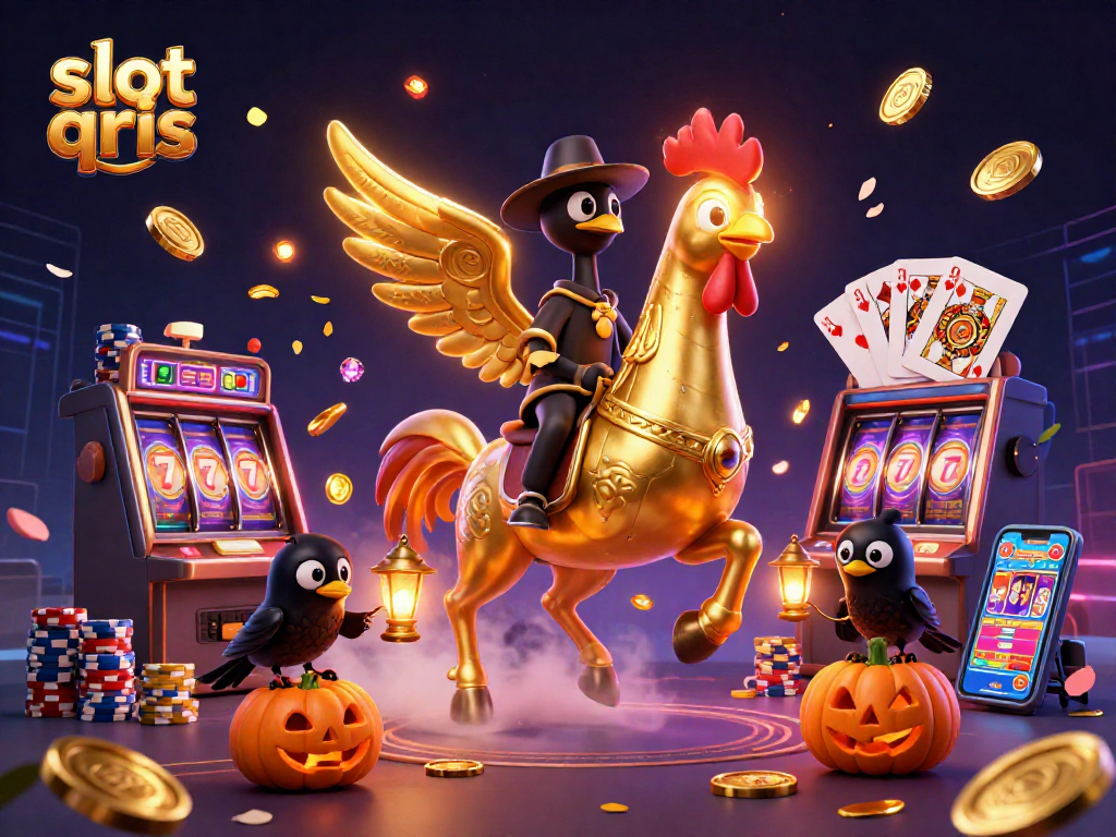 Spin and win with slot qris in a vibrant midnight casino featuring golden rooster characters.