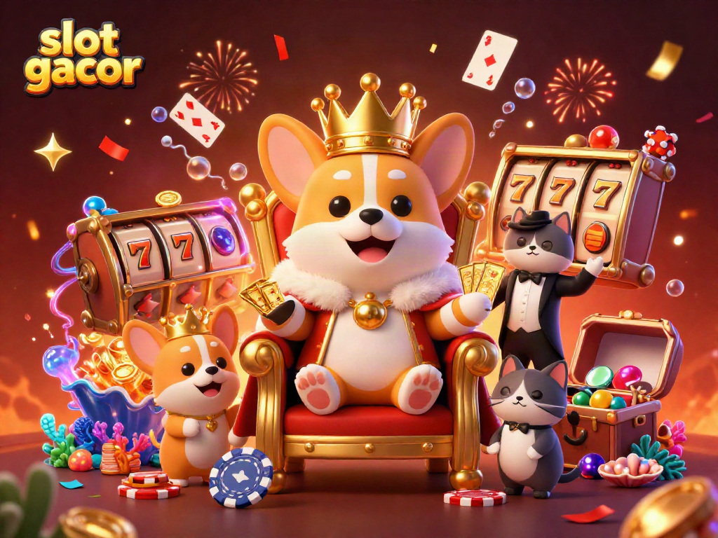 Slot gacor menampilkan anjing corgi kerajaan dengan mahkota emas di atas tumpukan chip poker.