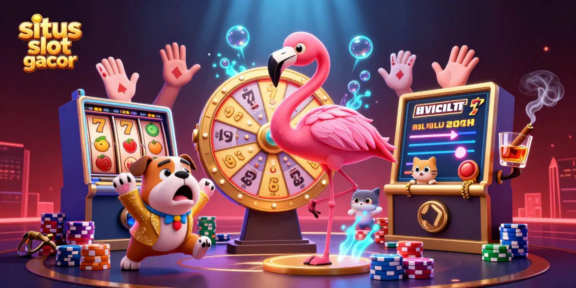 Engaging scene with situs slot gacor showcasing a flamingo host, bulldog contestant, and vibrant slot elements.