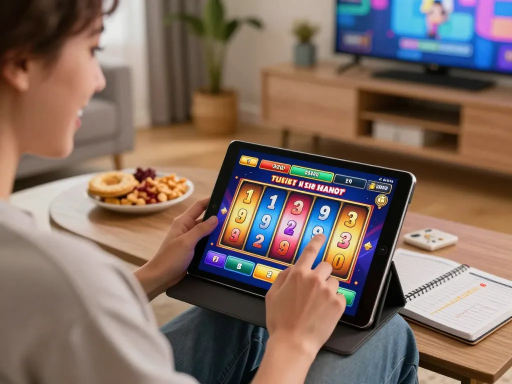 Momennya menarik dari permainan online dengan antarmuka tablet alexis500 yang menampilkan kegembiraan permainan slot.