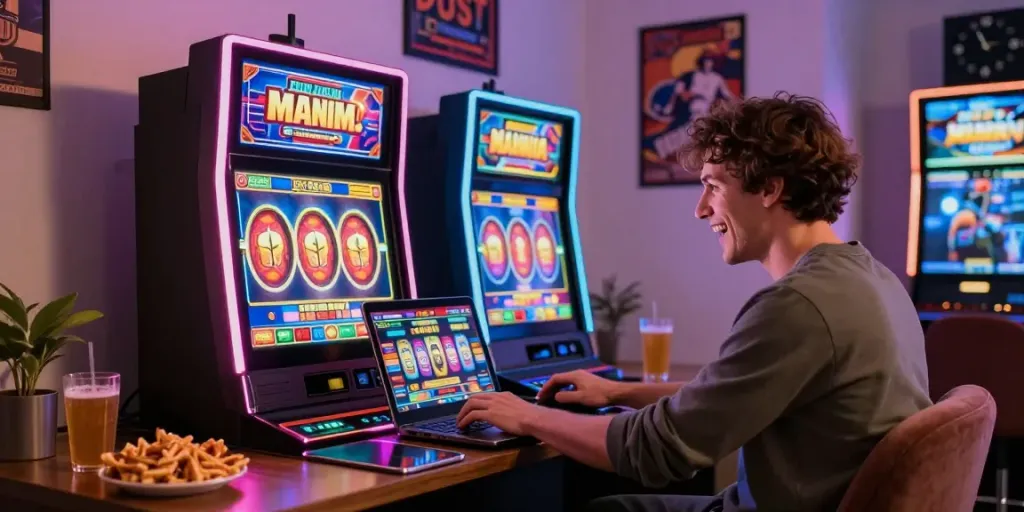Excited player using Wolfbet bonus code on laptop for instant rewards at https://wolfbet-bonus.com/ in a cozy gaming setup.