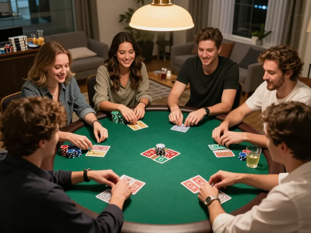 Players engaging in competitive qqmobil poker game during a fun home casino night.